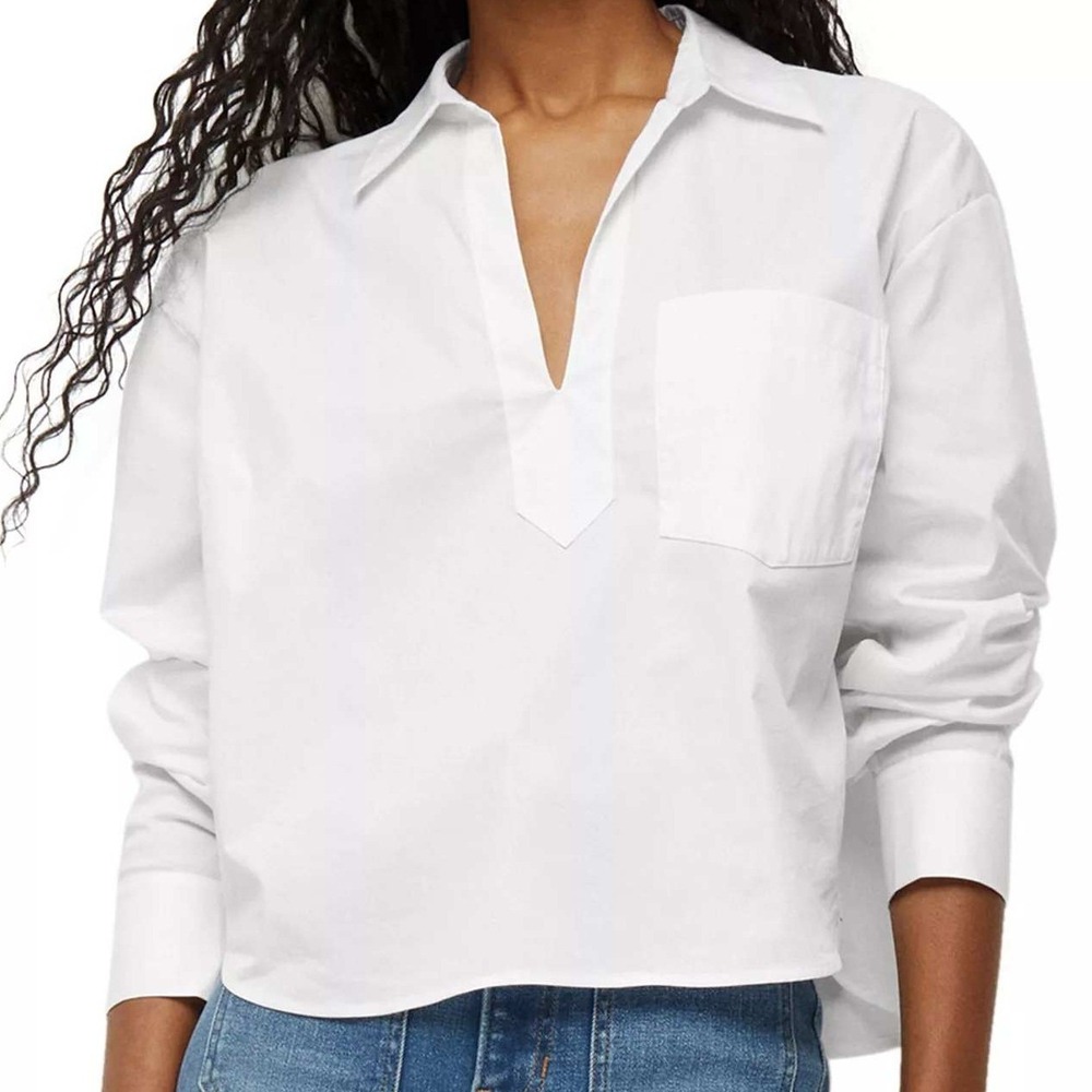 Veronica Beard White Cotton Poplin V-Neck Cropped Blouse Shirt Size 6